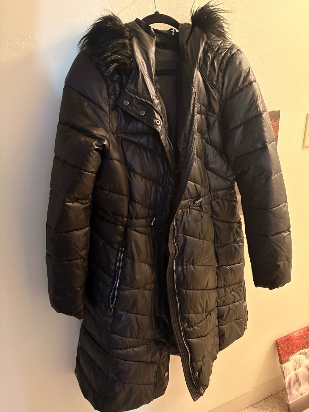 Marc New York Black Quilted Mid-Length Puffer with Faux Fur Trim